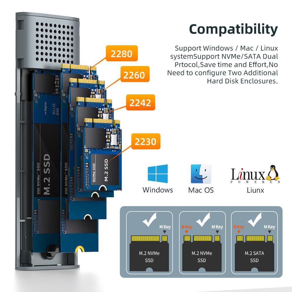 USB3.2 Type-C Tool free Enclosure for M.2 PCIe NVMe/SATA SSDs