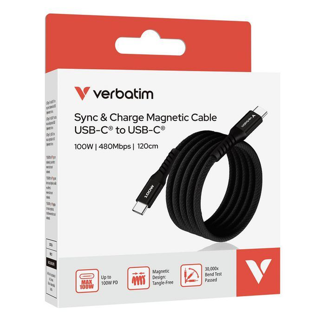Verbatim Sync And Charge 100-Watt Magnetic Cable, Black